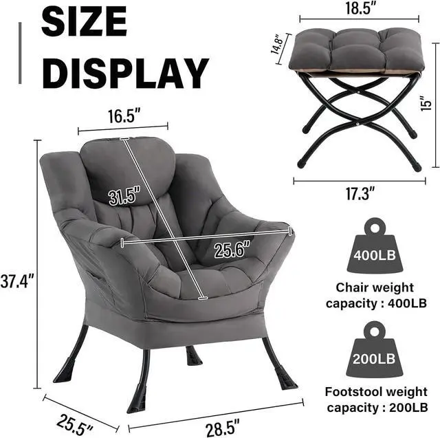 Alt view image 2 of 7 - Lazy Chair with Ottoman, Modern Accent Chair Contemporary Lounge Leisure Sofa Chair with Armrests, Reading Chair and Folding Footstool Set for Living Room, Bedroom, Office, Dark Grey