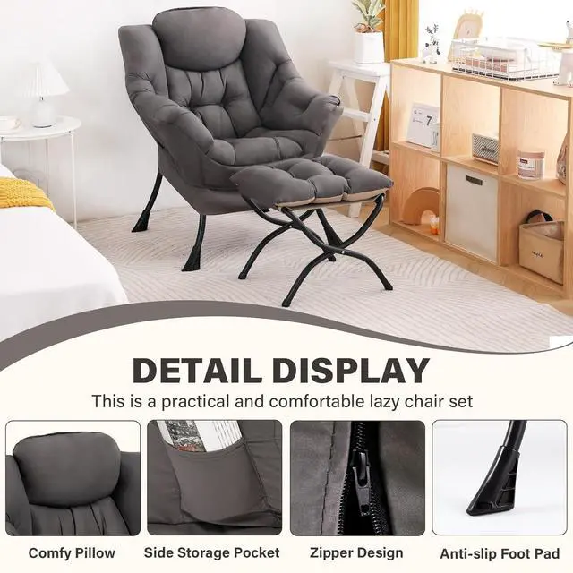 Alt view image 3 of 7 - Lazy Chair with Ottoman, Modern Accent Chair Contemporary Lounge Leisure Sofa Chair with Armrests, Reading Chair and Folding Footstool Set for Living Room, Bedroom, Office, Dark Grey