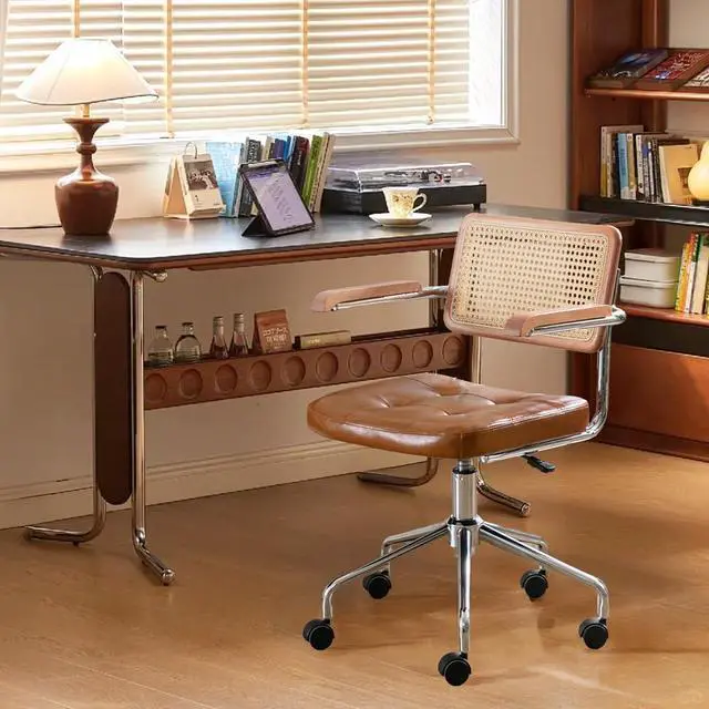 Alt view image 2 of 7 - Zesthouse Modern Home Office Chair Leather Desk Chair with Natural Rattan Back, Vanity Chair for Girls Women, Upholstered Tufted Swivel Armchair, Height Adjustable Computer Task Chair