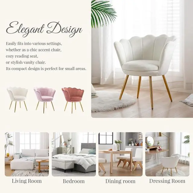 Alt view image 5 of 7 - chairus Small Accent Chair for Living Room, Velvet Gold Cute Vanity Chair with Back for Makeup Room, Upholstered Shell Shaped Office Guest Modern Chair Arm Chair, Cream White