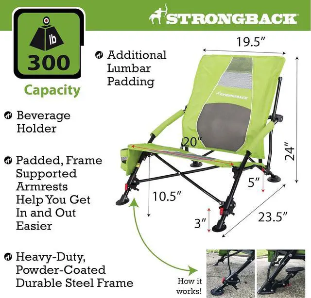 Alt view image 3 of 6 - STRONGBACK Beach Chairs - Low Gravity Recliner Portable Beach Chair - with Built-in Lumbar Support, Heavy Duty Folding Beach Chairs, Great for Travel