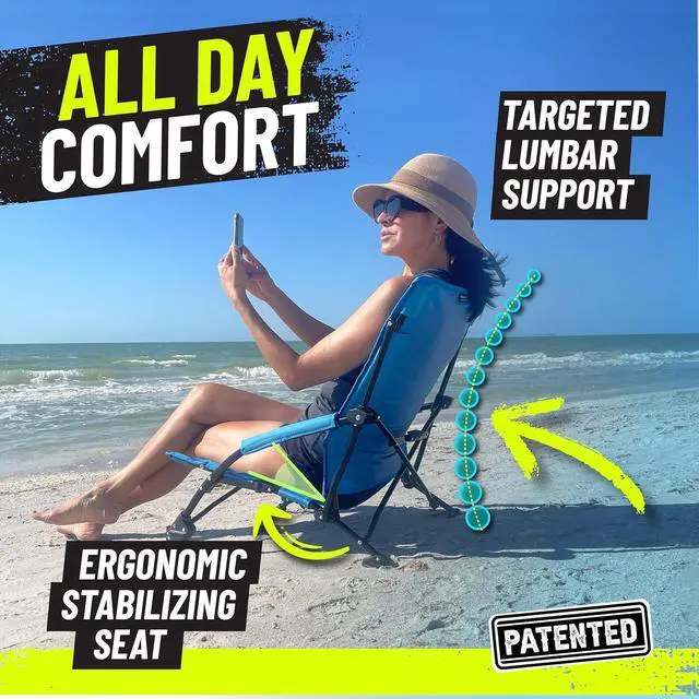 Alt view image 5 of 6 - STRONGBACK Beach Chairs - Low Gravity Recliner Portable Beach Chair - with Built-in Lumbar Support, Heavy Duty Folding Beach Chairs, Great for Travel