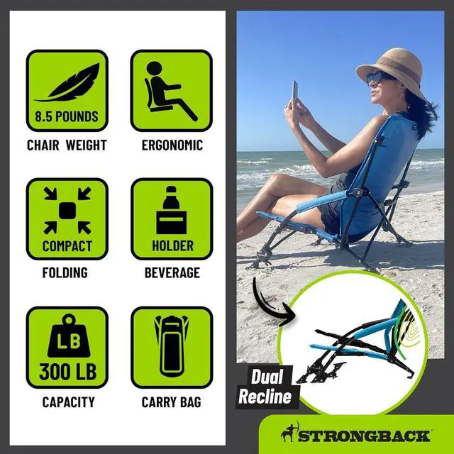 Alt view image 6 of 6 - STRONGBACK Beach Chairs - Low Gravity Recliner Portable Beach Chair - with Built-in Lumbar Support, Heavy Duty Folding Beach Chairs, Great for Travel