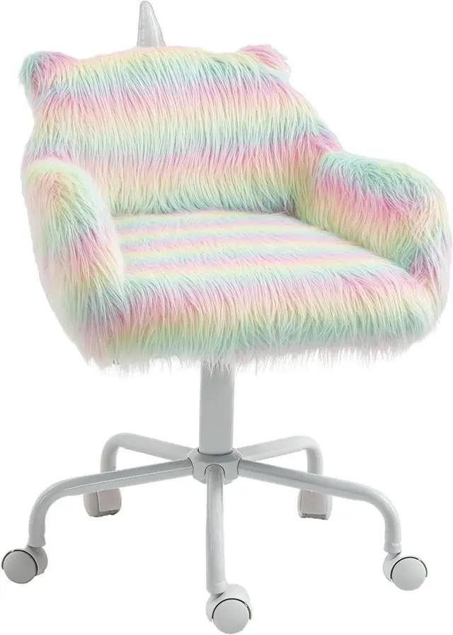 Main image of HOMCOM Fluffy Unicorn Office Chair with Mid-Back and Armrest Support, 5 Star Swivel Wheel White Base, Rainbow