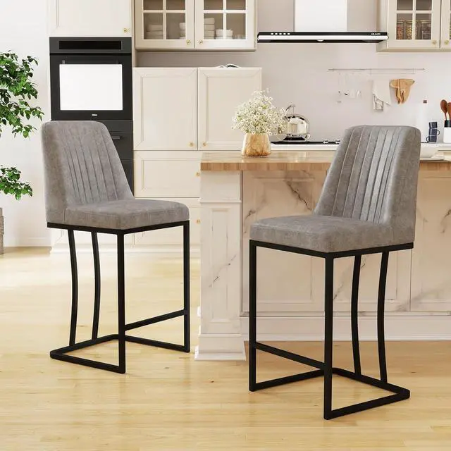 Main image of LSSPAID Bar Stools Set of 2, 24.8 inch Modern Upholstered Fabric Counter Height Barstools, Kitchen Island Chairs with Black Metal Legs, Grey