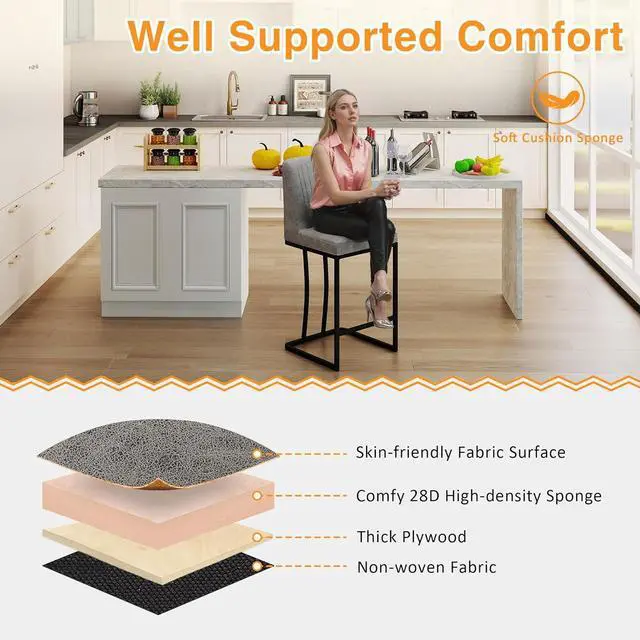 Alt view image 6 of 7 - LSSPAID Bar Stools Set of 2, 24.8 inch Modern Upholstered Fabric Counter Height Barstools, Kitchen Island Chairs with Black Metal Legs, Grey