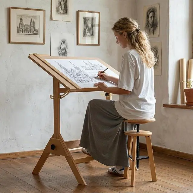 Alt view image 2 of 7 - MEEDEN Wood Drafting Table & Stool: 35.5" x 23.5" Art Desk and Stool Set