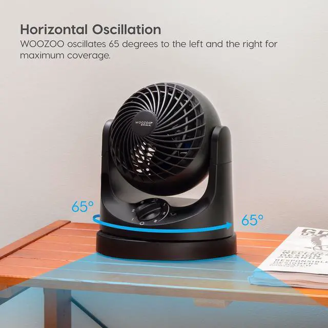 Alt view image 4 of 7 - IRIS USA WOOZOO Desk Fan, Oscillating Table Air Circulator, 3 Speeds, 32ft Max Air Distance, 112° Adjustable Tilt, 27.5db Low Noise Motor, Small Fan for Bedroom, Office, Dorm, Black