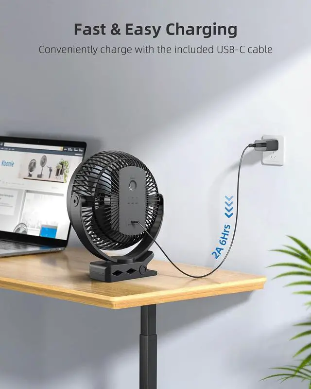 Alt view image 7 of 7 - Koonie 10000mAh Clip on Fan Rechargeable, 8-Inch Battery Operated Desk Fan, USB Fan with 4 Speeds, Strong Airflow Sturdy Clamp for Golf Cart Office Desk Outdoor Travel Camping Tent Gym Treadmill,Black