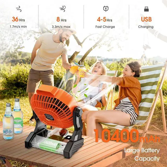 Alt view image 2 of 7 - Portable Fan Rechargeable, 10400mAh Battery Operated Powered Fan, Outdoor Camping Fan with Light & Hook, Personal USB Desk Fan, for Bedroom, Table, Home, Office, Tent, Travel