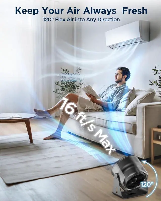 Alt view image 2 of 7 - EasyAcc Desk Fan Wall-Mounted Fans 6000mAh, Max 24 Hours Work Time, 16 ft Powerful Airflow, 100 Speeds, Memory Function, 120° Tilt Portable Small Oscillating fan for Office Bedroom Kitchen Table Fan