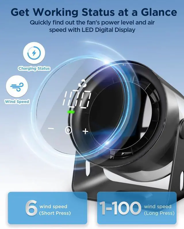 Alt view image 5 of 7 - EasyAcc Desk Fan Wall-Mounted Fans 6000mAh, Max 24 Hours Work Time, 16 ft Powerful Airflow, 100 Speeds, Memory Function, 120° Tilt Portable Small Oscillating fan for Office Bedroom Kitchen Table Fan