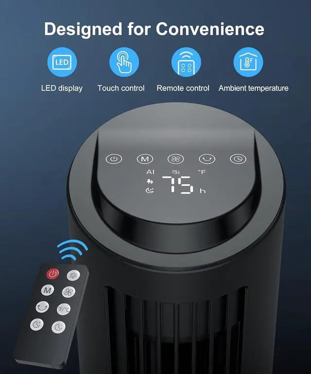 Alt view image 7 of 7 - Tower Fan for Bedroom, 23ft/s Quiet Cooling Fan, 70° Oscillating Floor Fan with Remote,Led Display,4 Speed Options,4 Modes,12Timer,13Inch Bladeless Portable Table Fan (13-Remote, Black)