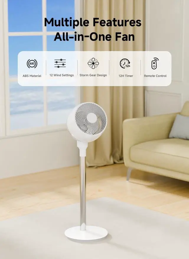 Alt view image 3 of 7 - AIRMATE Standing Fan with 12 Speeds, Cooling Fans for Bedroom with 12H Timer, 80°+ 90° Oscillating Electric Fan with Remote, Pedestal Fan with Silent, Air Circulator Fan for Home, Office, Dorm(White)