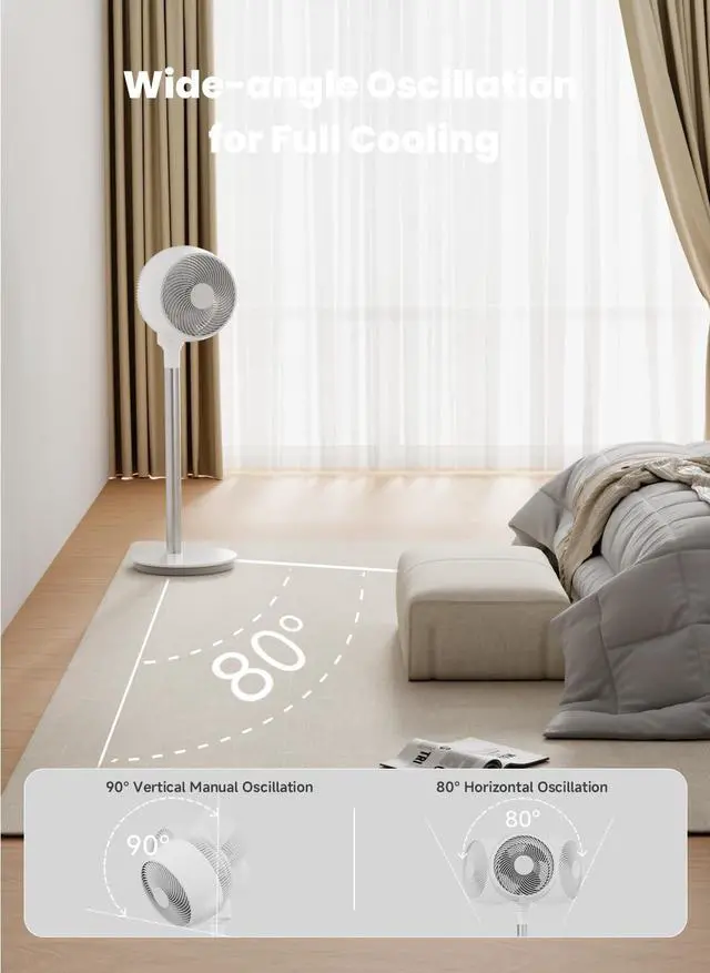 Alt view image 5 of 7 - AIRMATE Standing Fan with 12 Speeds, Cooling Fans for Bedroom with 12H Timer, 80°+ 90° Oscillating Electric Fan with Remote, Pedestal Fan with Silent, Air Circulator Fan for Home, Office, Dorm(White)