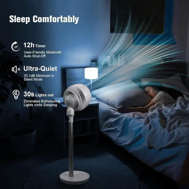 Alt view image 7 of 7 - AIRMATE Standing Fan with 12 Speeds, Cooling Fans for Bedroom with 12H Timer, 80°+ 90° Oscillating Electric Fan with Remote, Pedestal Fan with Silent, Air Circulator Fan for Home, Office, Dorm(White)