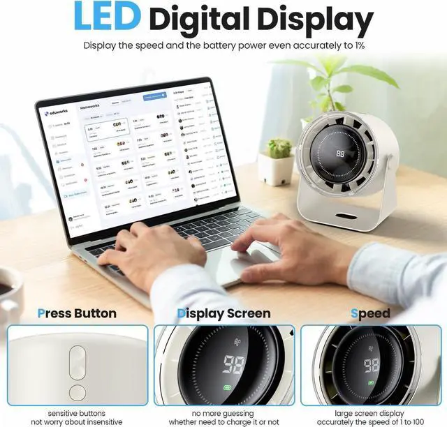 Alt view image 3 of 7 - DURBESTER Small Desk Fan, 28dB Ultra-Quiet Desktop Air Circulator with 115° Adjustable Tilt, 100 Speeds, Rechargeable Battery, USB-Powered, Portable for Bedroom, Office, Kitchen, Travel -White