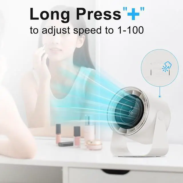 Alt view image 6 of 7 - DURBESTER Small Desk Fan, 28dB Ultra-Quiet Desktop Air Circulator with 115° Adjustable Tilt, 100 Speeds, Rechargeable Battery, USB-Powered, Portable for Bedroom, Office, Kitchen, Travel -White