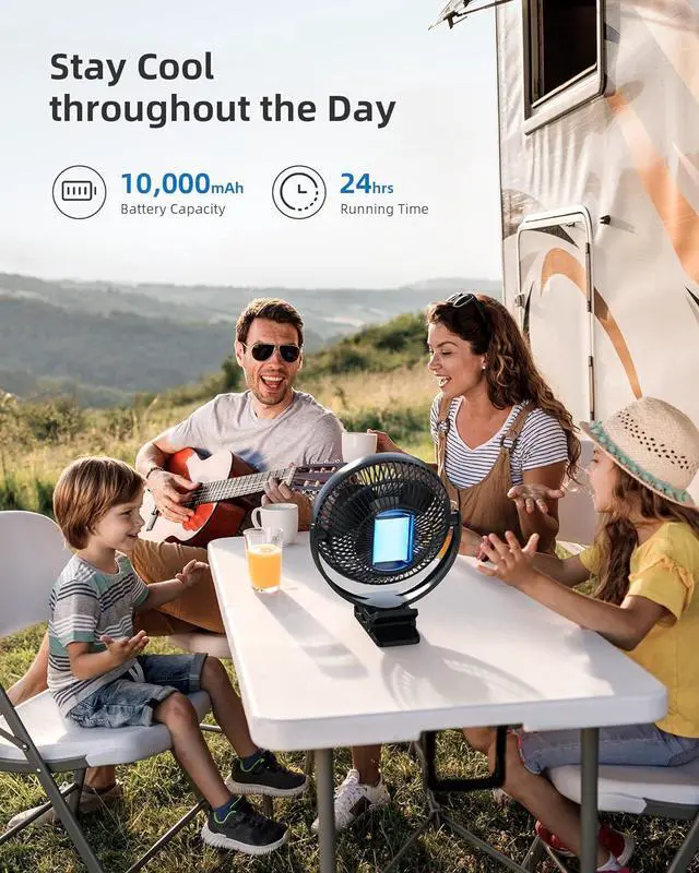 Alt view image 3 of 7 - Koonie 10000mAh Clip on Fan Rechargeable, 8-Inch Battery Operated Desk Fan, USB Fan with 4 Speeds, Strong Airflow Sturdy Clamp for Golf Cart Office Desk Outdoor Travel Camping Tent Gym Treadmill,Black