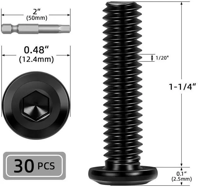 Alt view image 2 of 5 - 30 PCS 1/4"-20 x 1-1/4" Flat Head Socket Cap Screws Bolts, Flat Round Head Furniture Allen Bolts, Stainless Steel 304, Full Thread, Black Coating, Screwdriver Bit Included