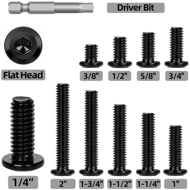 Alt view image 4 of 5 - 30 PCS 1/4"-20 x 1-1/4" Flat Head Socket Cap Screws Bolts, Flat Round Head Furniture Allen Bolts, Stainless Steel 304, Full Thread, Black Coating, Screwdriver Bit Included