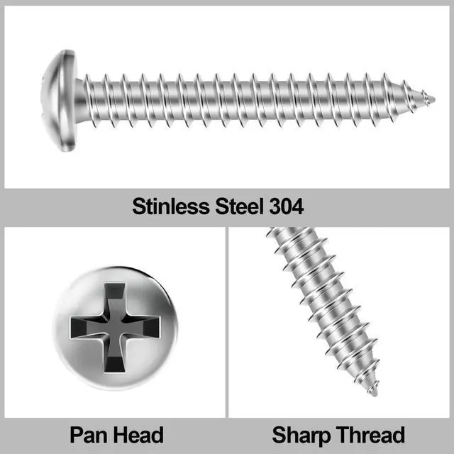 Alt view image 3 of 5 - #10 x 1-1/2" (100 PCS) Pan Head Sheet Metal Screws, Round Head Self Tapping Screw, Phillips Drive Wood Screw, Stainless Steel 304, Bright Finish