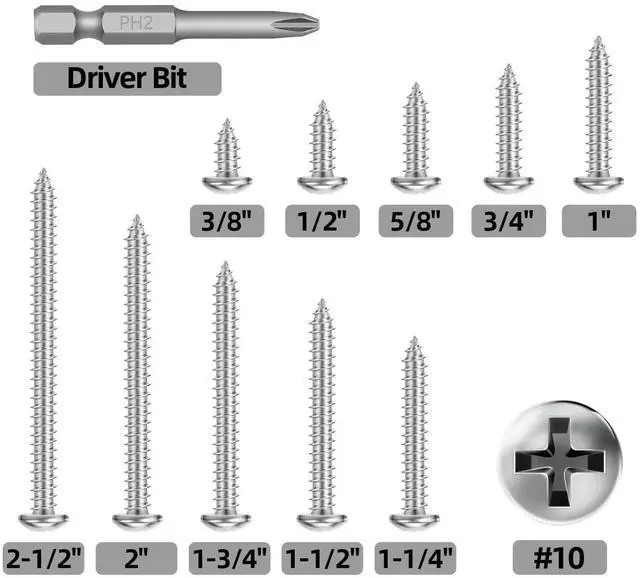 Alt view image 2 of 5 - #10 x 1-1/2" (100 PCS) Pan Head Sheet Metal Screws, Round Head Self Tapping Screw, Phillips Drive Wood Screw, Stainless Steel 304, Bright Finish