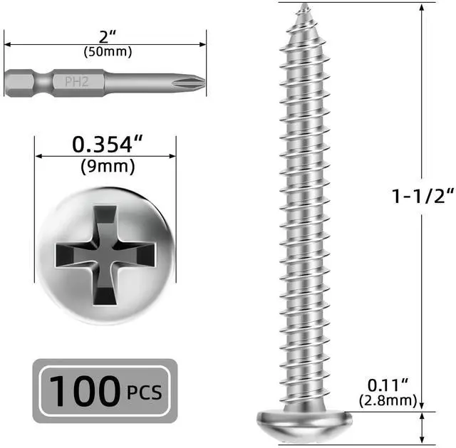 Alt view image 4 of 5 - #10 x 1-1/2" (100 PCS) Pan Head Sheet Metal Screws, Round Head Self Tapping Screw, Phillips Drive Wood Screw, Stainless Steel 304, Bright Finish