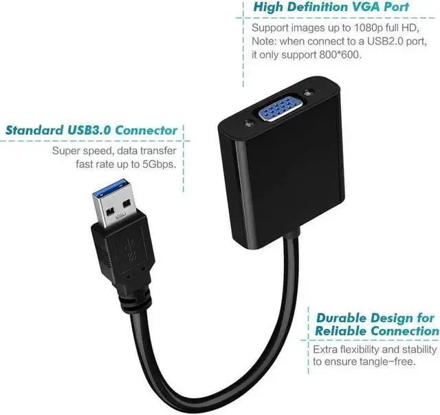 Alt view image 4 of 7 - JAENFONG High Speed USB 3.0 to VGA Adapter Converter, Multi-Monitor Adapter Male to Female Converter,Support 1080p-Windows 10/8.1/8/7 PC Laptop Monitor Projector,No Need CD Driver -Black