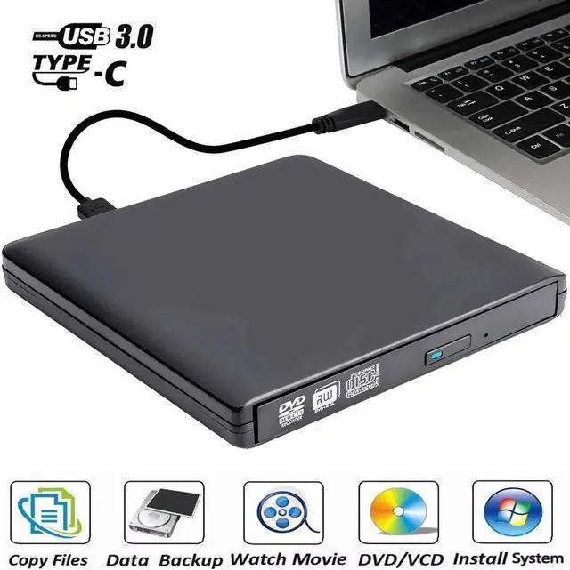 Main image of JAENFONG Aluminum External CD DVD Drive USB 3.0 Type-C Portable CD/DVD ROM Drive Burner Rewriter for Windows Linux Mac Laptop Desktop, MacBook Pro/Air, iMac(XD058), Black