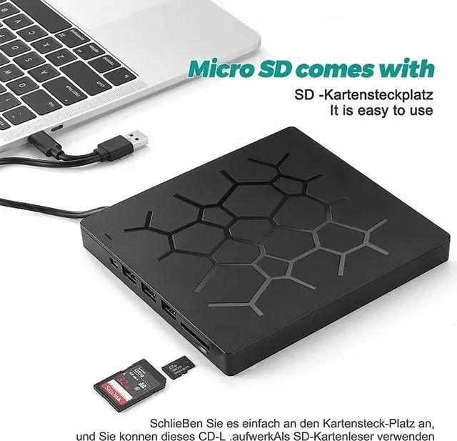 Alt view image 2 of 7 - 7 -in-1 External CD Drive Type C USB 3.0 Portable CD DVD +/-RW Drive Slim DVD/CD ROM Rewriter Burner Writer with 4 USB Ports and 2 SD Card Slots for Laptop Desktop PC Windows Linux OS Apple Mac Black