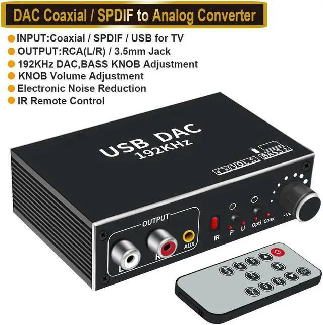 Main image of JAENFONG 192KHz DAC Converter, Digital to Analog Audio Converter, Optical Toslink SPDIF Coaxial USB(PC) Input to L/R 3.5mm Jack Output Support Volume Control&Bass Adjustment