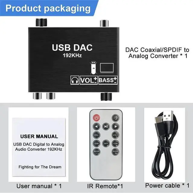 Alt view image 2 of 7 - JAENFONG 192KHz DAC Converter, Digital to Analog Audio Converter, Optical Toslink SPDIF Coaxial USB(PC) Input to L/R 3.5mm Jack Output Support Volume Control&Bass Adjustment