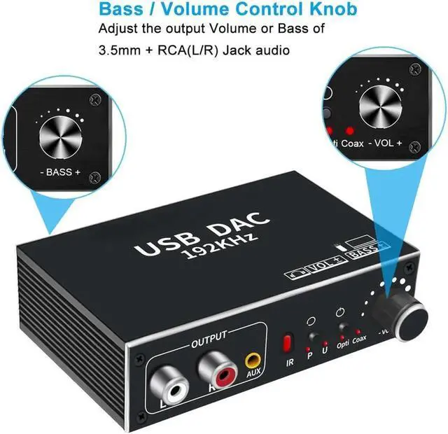 Alt view image 4 of 7 - JAENFONG 192KHz DAC Converter, Digital to Analog Audio Converter, Optical Toslink SPDIF Coaxial USB(PC) Input to L/R 3.5mm Jack Output Support Volume Control&Bass Adjustment