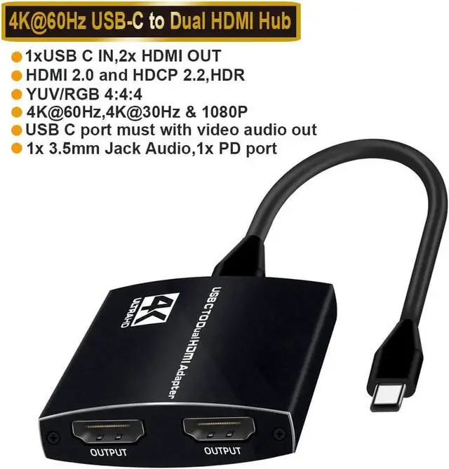 Main image of JAENFONG USB C Hub Type-C to Dual HDMI Adapter with Power Delivery and 3.5mm Audio Jack, 4K 60Hz Screen Expansion 4 in 1 USB Expander Docking Station For Laptop Phone PC