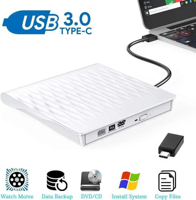 Main image of JAENFONG External DVD Drive USB 3.0 Type-C CD DVD +/-RW Optical Drive USB C Burner Slim CD/DVD ROM Rewriter Writer Reader Portable for Laptop Desktop MacBook Mac OS Windows 10/8/7/XP (SLS01), White