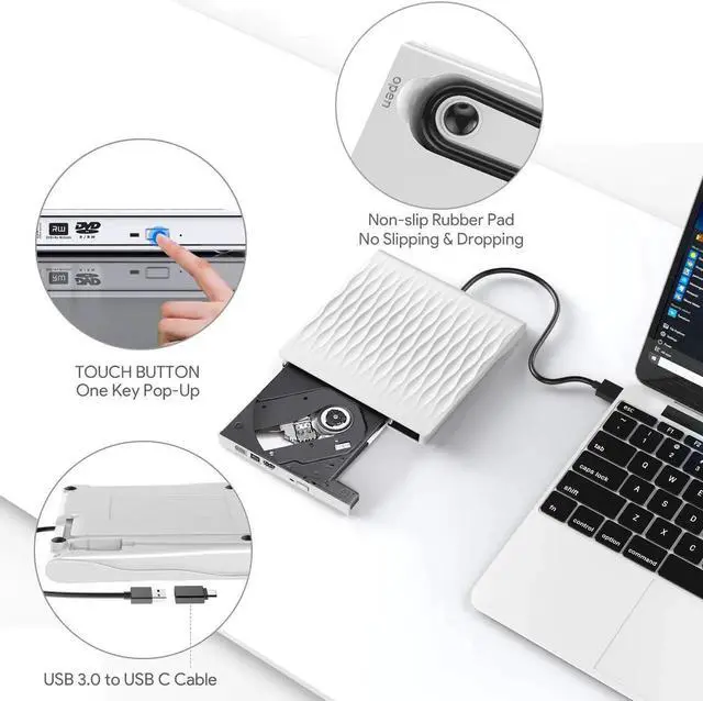 Alt view image 3 of 7 - JAENFONG External DVD Drive USB 3.0 Type-C CD DVD +/-RW Optical Drive USB C Burner Slim CD/DVD ROM Rewriter Writer Reader Portable for Laptop Desktop MacBook Mac OS Windows 10/8/7/XP (SLS01), White