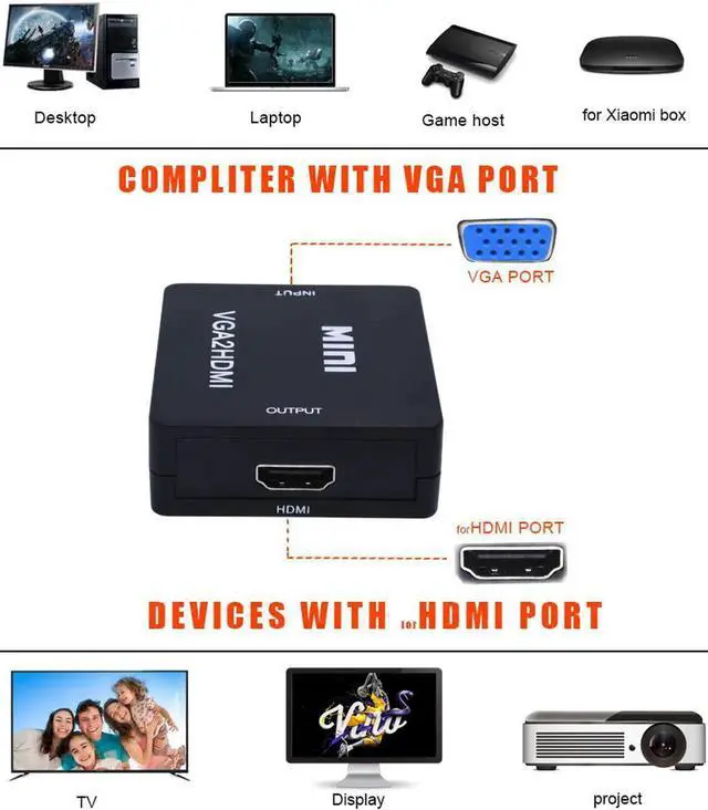 Alt view image 6 of 7 - JAENFONG VGA to HDMI, 1080P Full HD Mini VGA to HDMI Audio Video Converter Adapter Box with USB Cable and 3.5mm Audio Port Cable for Computer, Desktop, Laptop, PC, Monitor, Projector, HDTV - Black