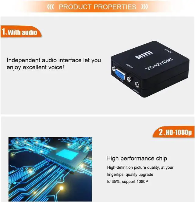 Alt view image 5 of 7 - JAENFONG VGA to HDMI, 1080P Full HD Mini VGA to HDMI Audio Video Converter Adapter Box with USB Cable and 3.5mm Audio Port Cable for Computer, Desktop, Laptop, PC, Monitor, Projector, HDTV - Black