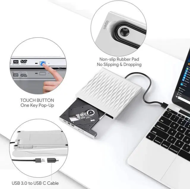Alt view image 6 of 7 - JAENFONG External CD DVD Drive USB 3.0 Type-C Portable CD/DVD ROM Drive Burner Rewriter for Windows Linux Mac Laptop Desktop, MacBook Pro/Air, iMac(SLS01), White
