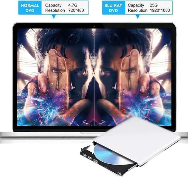 Alt view image 5 of 6 - JAENFONG Aluminum External Blu-Ray Burner Drive, USB 3.0 External DVD CD ROM Drive, USB-C External DVD Player, Portable DVD +/- RW Optical Drive for Laptop PC Computer MacBook OS Windows, Silver