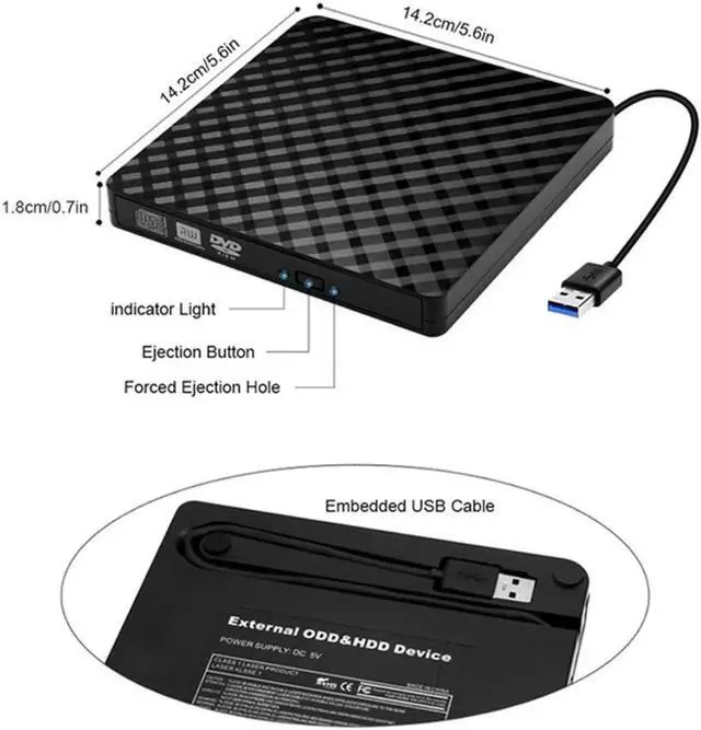 Alt view image 7 of 7 - JAENFONG External DVD RW CD Writer USB3.0/USB-C Slim Carbon Grain Drive Burner Reader Player Reader For PC Laptop Optical Drive