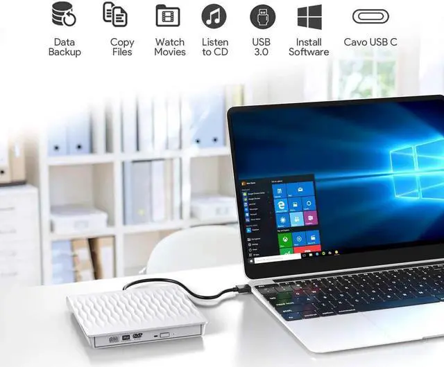 Alt view image 7 of 7 - JAENFONG External CD DVD Drive, USB 3.0/Type-C Slim Protable External CD-RW Drive DVD-RW Burner Writer Player for Laptop Notebook PC Desktop Computer, Black, (SLS01) White