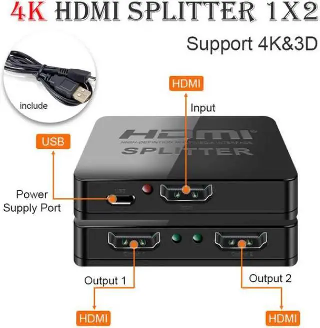 Alt view image 6 of 7 - JAENFONG HDMI Splitter, 4K HDMI Splitter, 1 in 2 Out HDMI Splitter HDCP Ultra HD 4k x 2K 3D 1080p 2160p with Power Cable (Black)
