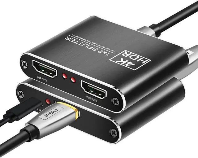 Main image of JAENFONG 4K@60Hz HDMI Splitter 1 in 2 Out, 1x2 Powered HDMI Splitter for Dual Monitors w/Power Adapter, 4K@60Hz Dual Monitors Duplicate/Mirror for PS4 Fire Stick HDTV