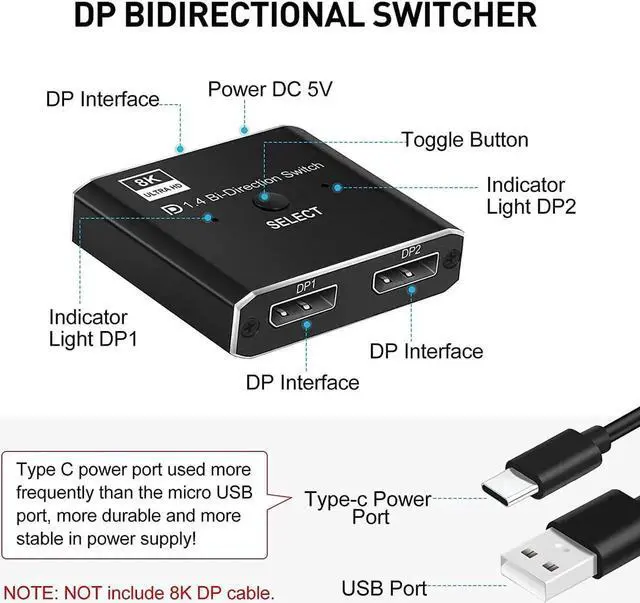 Alt view image 7 of 7 - JAENFONG  8K DisplayPort Switch Splitter 2 Port Bi-Direction DP 1.4 Switcher 8K@30Hz 4K@144Hz, Bidirectional 1in 2 Out(Splitter) or 2in 1out(Switcher), for Switch Multiple Source and Display (OZQD)