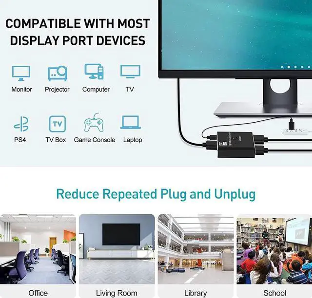 Alt view image 6 of 7 - JAENFONG  8K DisplayPort Switch Splitter 2 Port Bi-Direction DP 1.4 Switcher 8K@30Hz 4K@144Hz, Bidirectional 1in 2 Out(Splitter) or 2in 1out(Switcher), for Switch Multiple Source and Display (OZQD)