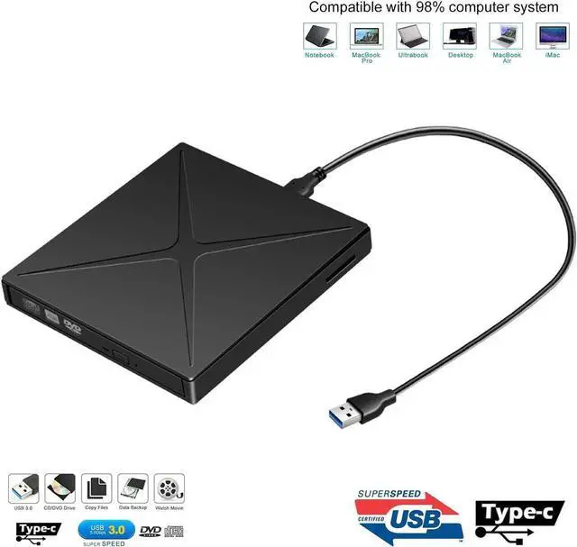 Main image of JAENFONG External DVD Drive Support SD Card Reader, USB 3.0 Type C CD Drive, Dual Port DVD Player, Portable Optical Burner Writer Rewriter, High Speed Data Transfer for MAC OS Windows 7/8/10