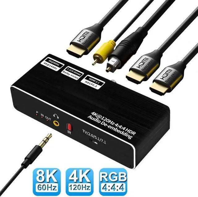 Main image of JAENFONG HDMI eExtractor 48gbps 8K 60Hz HDMI audio converter,Optical Toslink SPDIF, 3.5mm Audio Jack, Coaxial, 7.1Ch Out for HDTV Amplifier Speaker