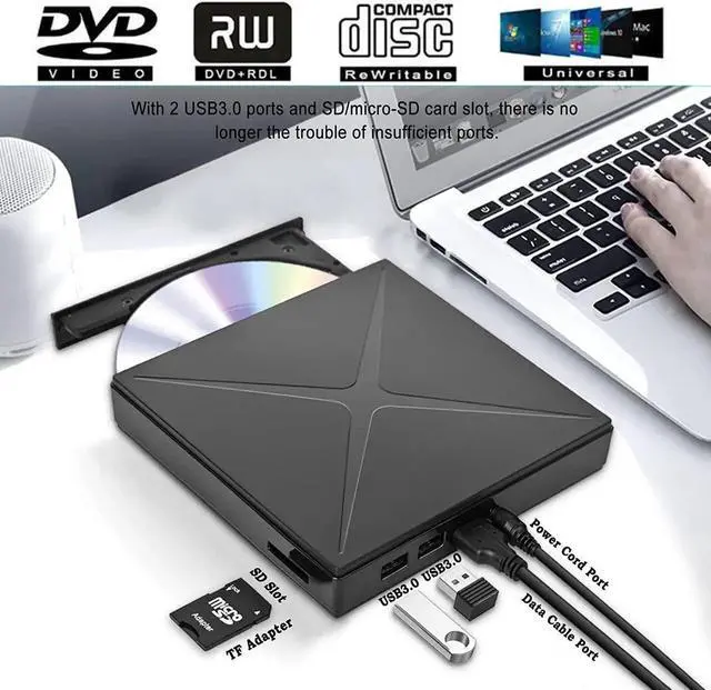 Alt view image 2 of 7 - External DVD Drive Support SD Card Reader, USB 3.0 Portable CD/DVD+/-RW Drive/ DVD Player for Laptop CD ROM Burner Compatible with Laptop Desktop PC Windows Linux OS Apple Mac